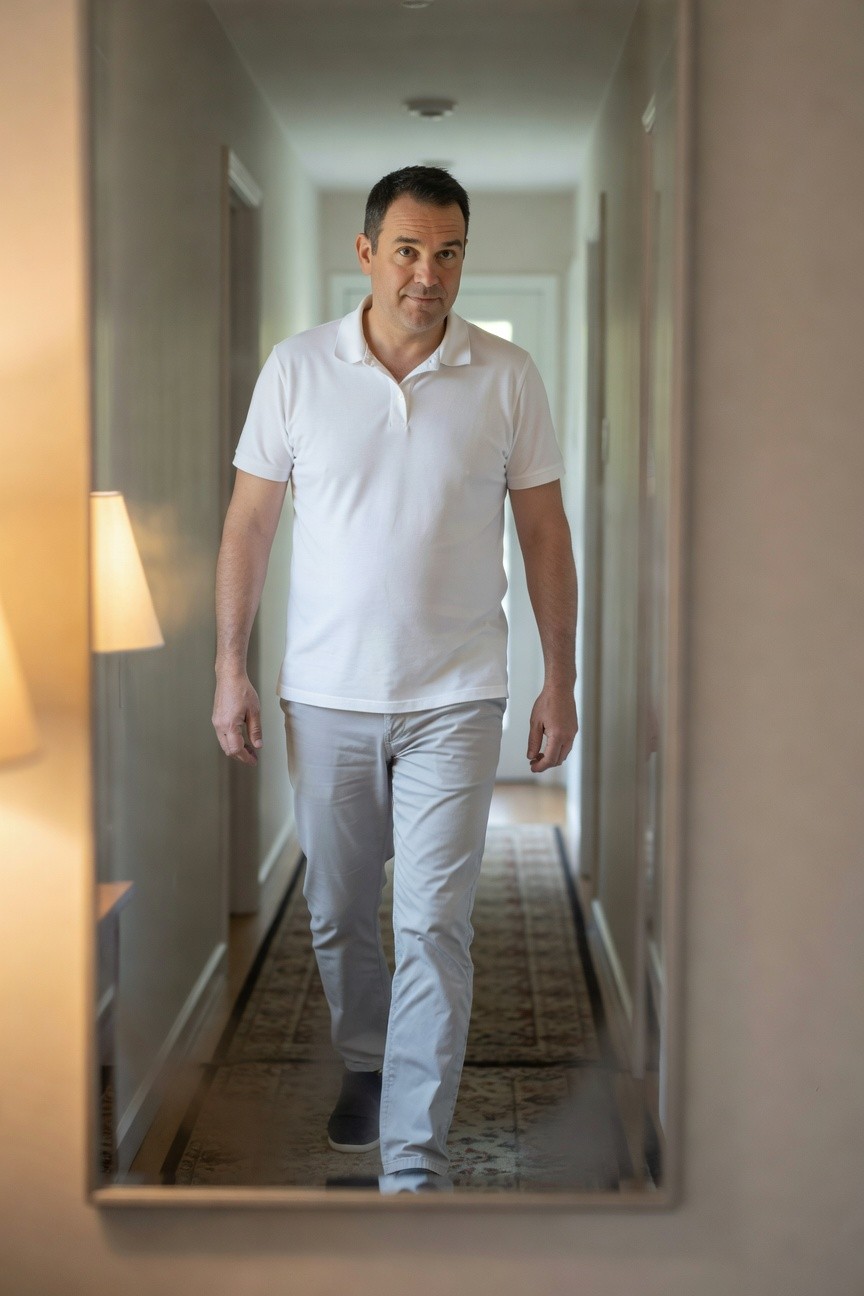 Man in white short-sleeve polo shirt and light grey slim trousers walking down a hallway, viewed through a mirror, wearing dark sneakers