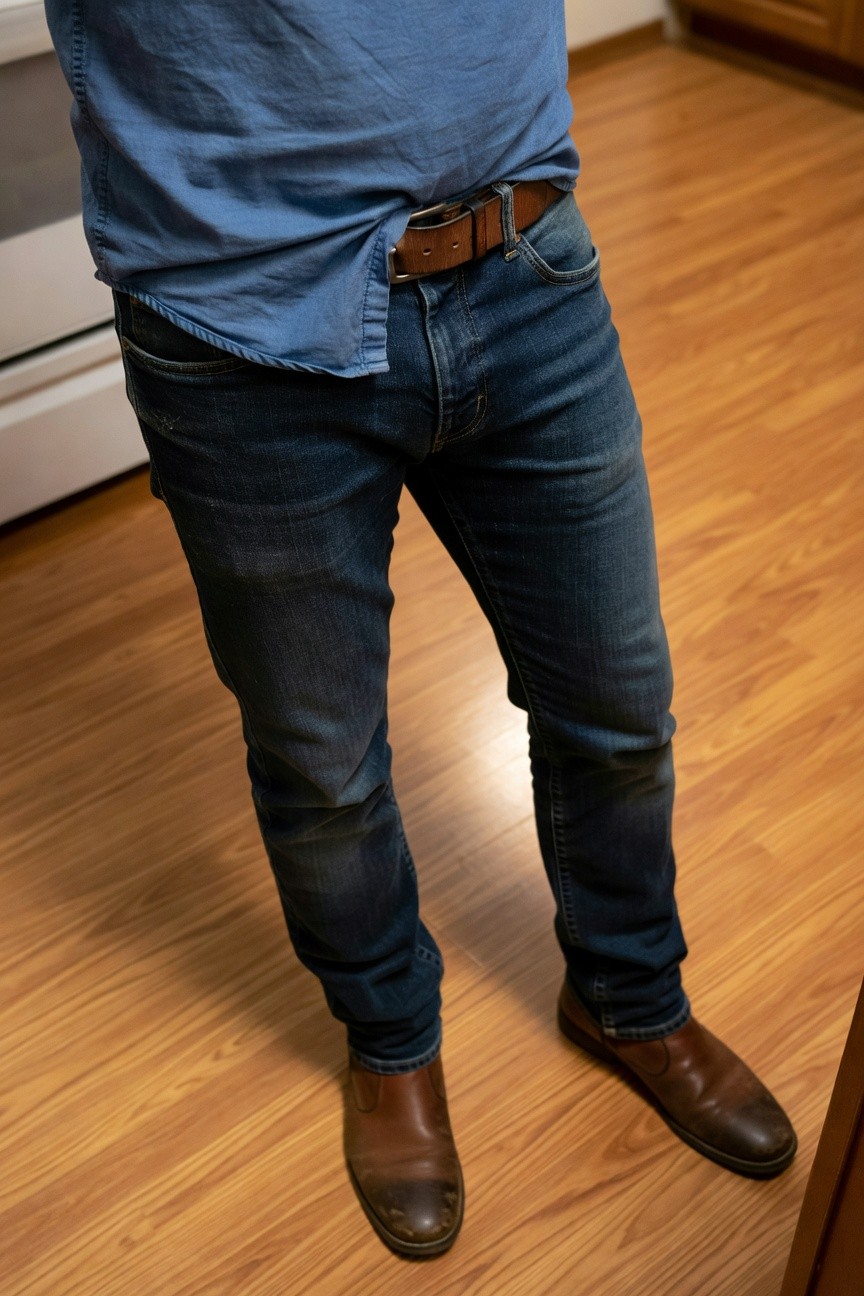 A man stands casually in a kitchen wearing an untucked light blue chambray shirt, slim dark blue jeans with subtle distressing, a brown leather belt, and brown leather Chelsea boots on a wooden floor