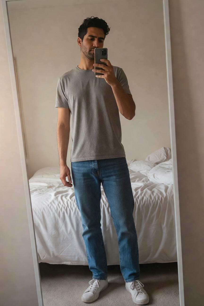 A man takes a mirror selfie wearing a fitted light gray short-sleeve t-shirt, medium blue straight-leg jeans, and white low-top sneakers, standing in a simple bedroom with a bed in the background.