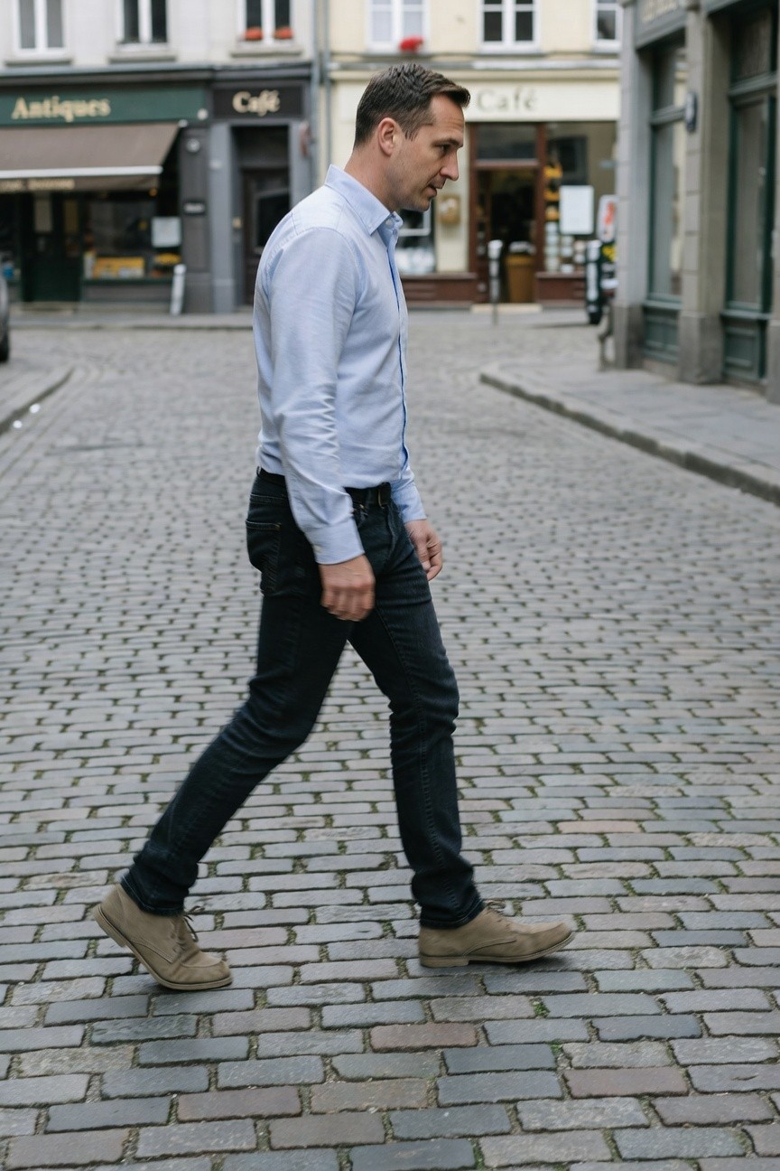 Side view of man walking on cobblestone street wearing light blue long-sleeve button-down shirt tucked into slim dark jeans and tan suede lace-up shoes