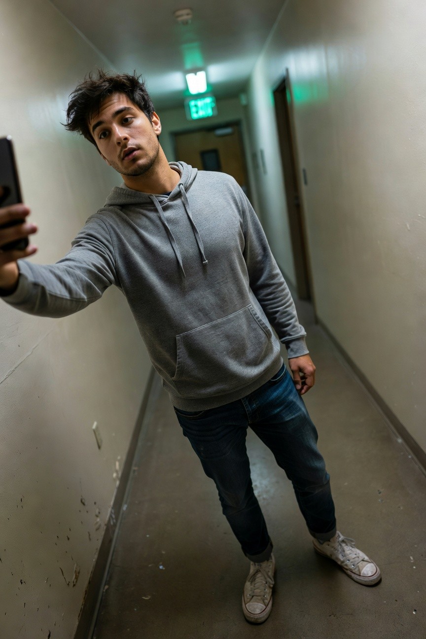 Young man in gray pullover hoodie, slim blue jeans cuffed at ankles, and white high-top Converse sneakers, taking a selfie in an indoor hallway