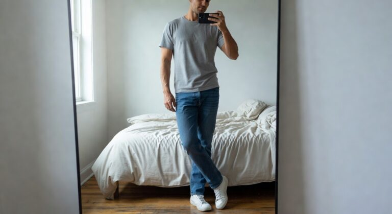 [A man takes a mirror selfie wearing a fitted light gray short-sleeve t-shirt, medium blue straight-leg jeans, and white low-top sneakers, standing in a simple bedroom with a bed in the background.