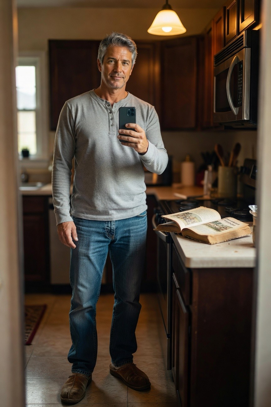 Middle-aged man in long-sleeve gray henley shirt, blue straight-leg jeans, and brown suede moccasin slippers, taking a selfie in a kitchen with an open book on the counter