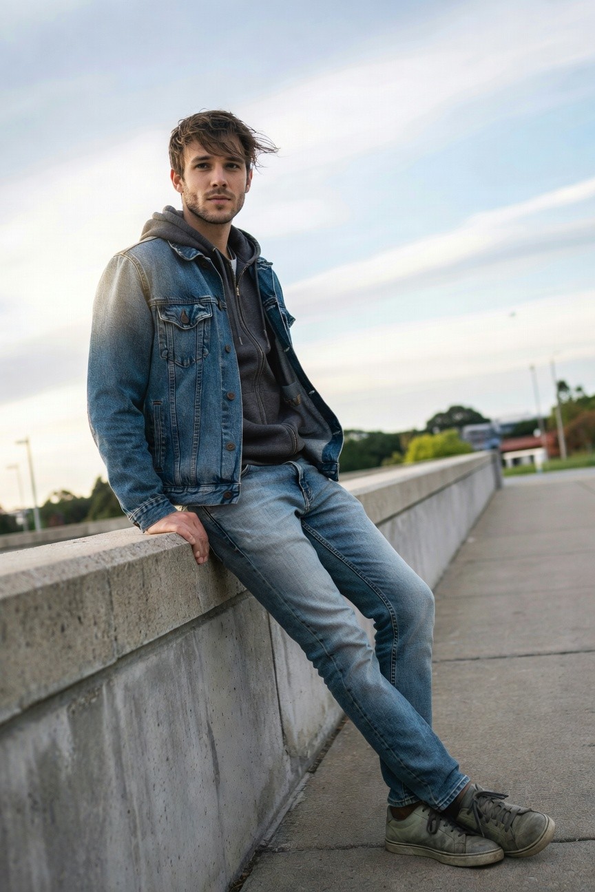 Young man leaning casually on a concrete ledge wearing a faded blue denim jacket over a gray hoodie and white tee, straight-leg blue jeans, and green sneakers