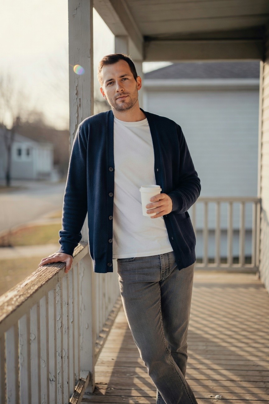 Man leaning on porch railing wearing open navy knit cardigan over white t-shirt tucked into slim grey jeans, holding white coffee cup, casual laid-back style