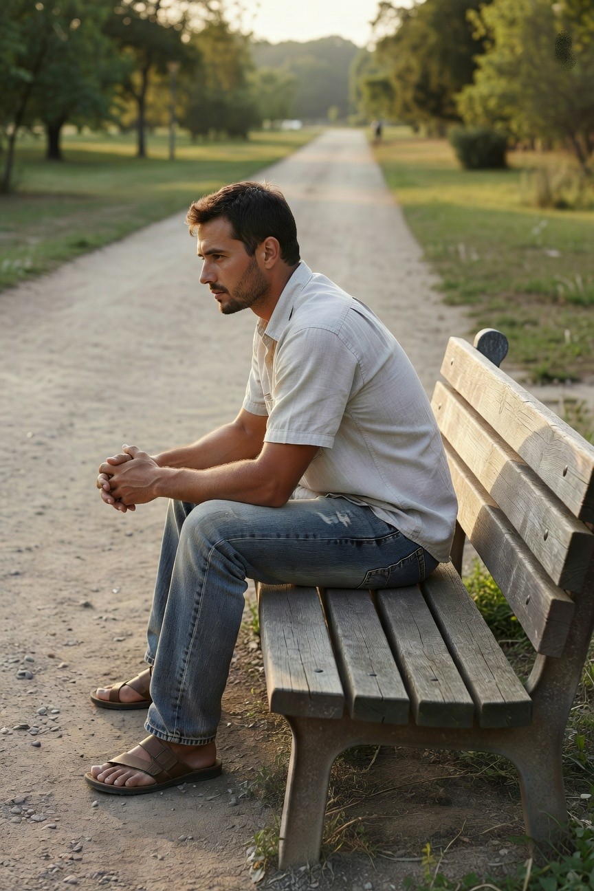 Side profile of a man seated on a park bench in a light gray short-sleeve button-up shirt tucked loosely into slim distressed blue jeans rolled at the ankles, paired with brown leather strap sandals, hands clasped pensively.