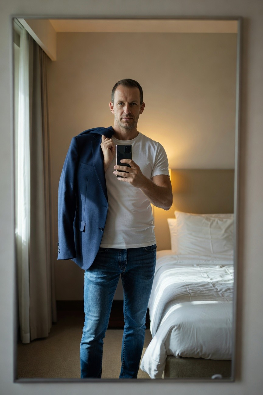 Mirror selfie of a man in a white t-shirt and blue jeans, navy blazer draped over one shoulder, holding phone for photo in a simple hotel room setting