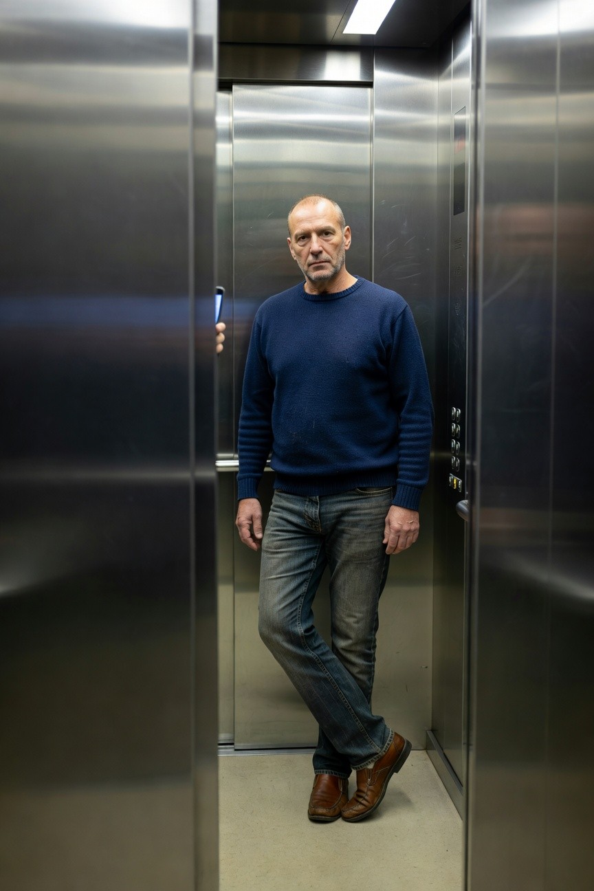 Balding man in his 50s stands casually in a steel elevator wearing a navy blue crewneck sweater, dark blue straight-leg jeans, and brown leather shoes, one leg crossed, holding a phone in one hand