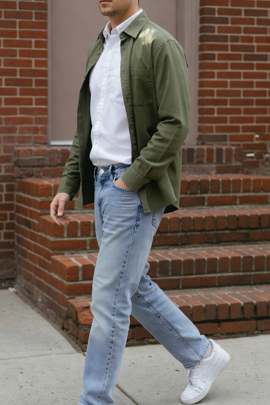 A man in an open olive green cotton utility jacket over a white button-down shirt, light wash straight-leg jeans, and white Nike sneakers, walking casually with one hand in his pocket