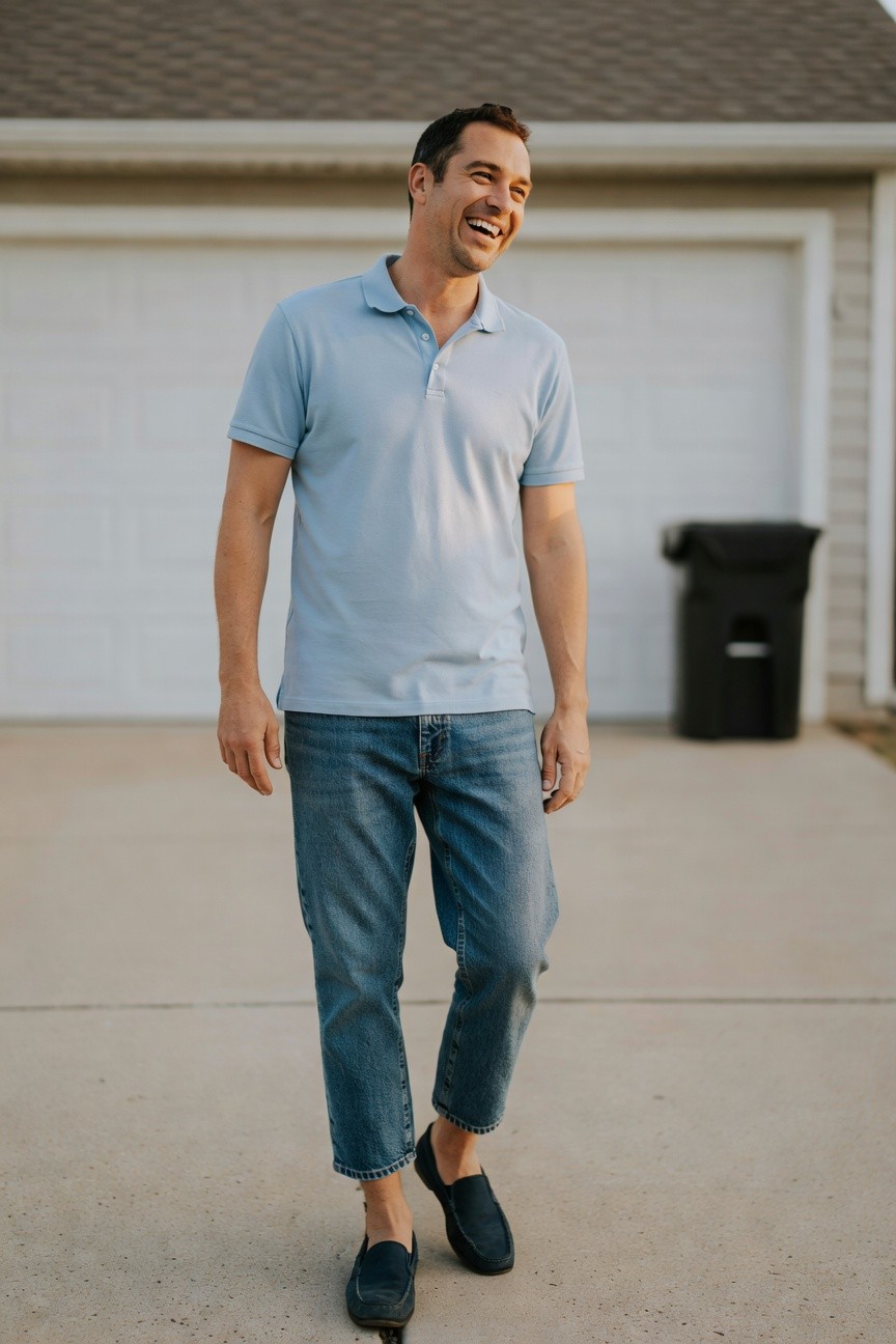 Man smiling sideways in light blue short-sleeve polo shirt, light wash slim cropped jeans, and dark loafers, standing on concrete driveway in front of garage.