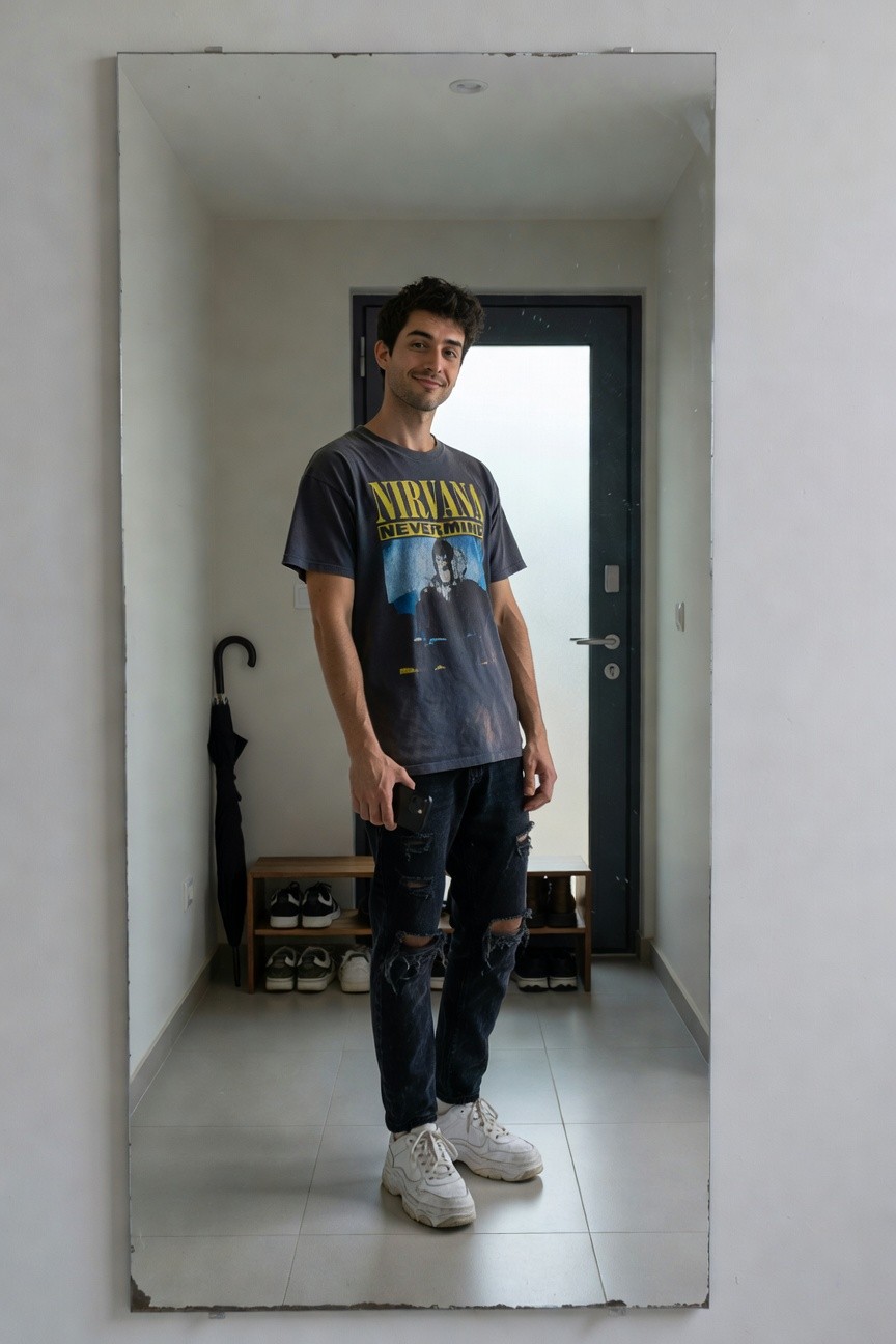Young man in mirror selfie wearing oversized faded gray Nirvana Nevermind t-shirt, baggy ripped black jeans, chunky white sneakers, standing casually indoors near door and shoe rack