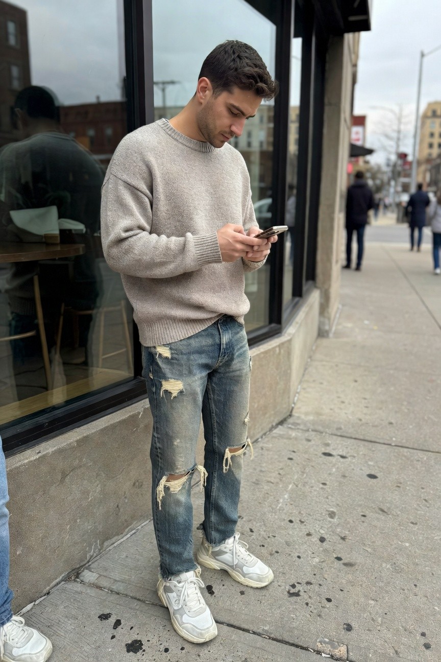 Young man in oversized light gray knit crewneck sweater, light blue distressed ripped jeans, and white chunky sneakers, standing casually outside a cafe window while checking his phone