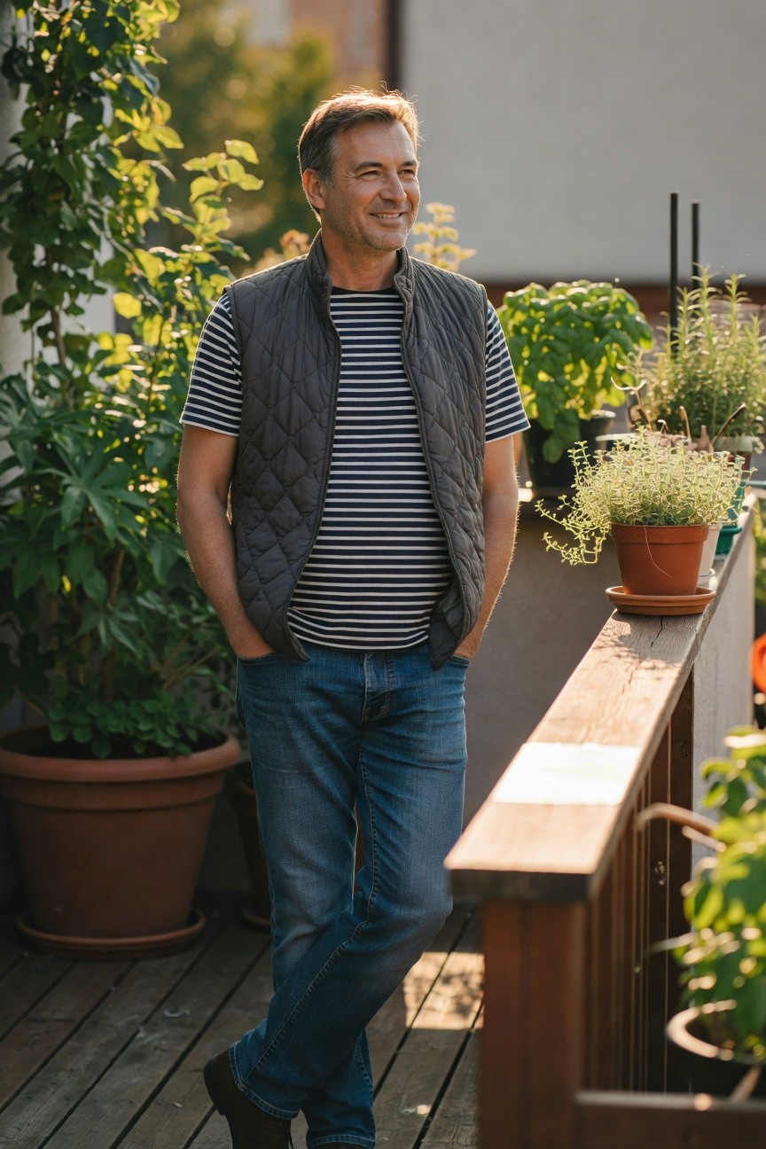 Man in his 40s smiling on balcony wearing navy and white striped short-sleeve shirt under gray quilted vest, blue straight-leg jeans, and brown leather boots, hands in pockets leaning casually