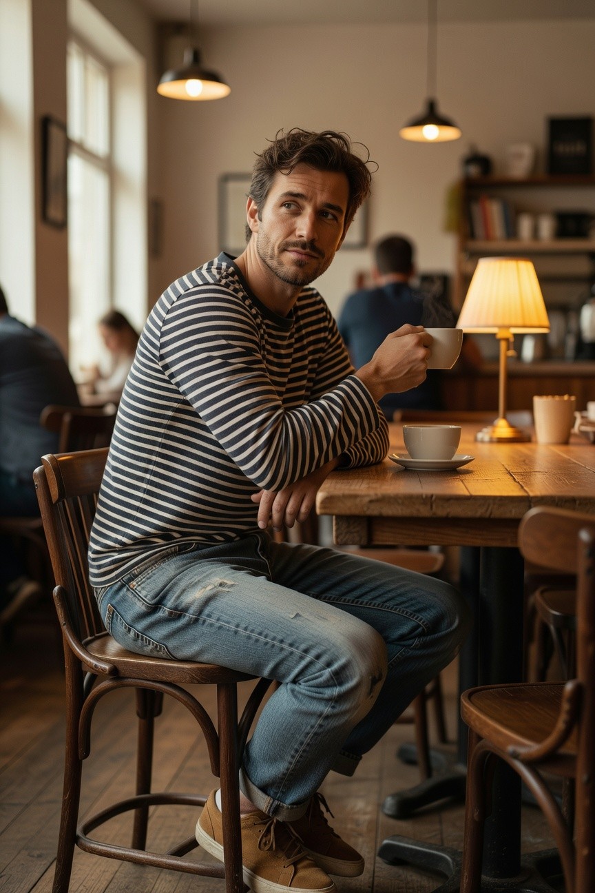 Man in navy and white striped long-sleeve sweater, light blue distressed slim jeans rolled at ankles, tan suede sneakers, sitting casually at wooden cafe table holding white coffee cup