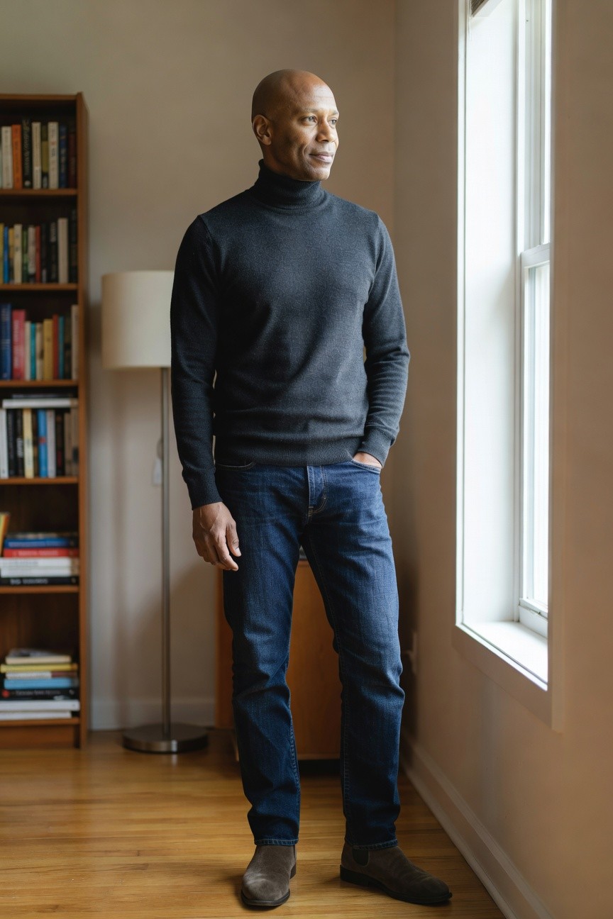 A bald Black man in his 40s stands confidently in a dark grey turtleneck sweater, medium blue straight-leg jeans, and dark suede chelsea boots, hands in pockets, posed near wooden bookshelves indoors