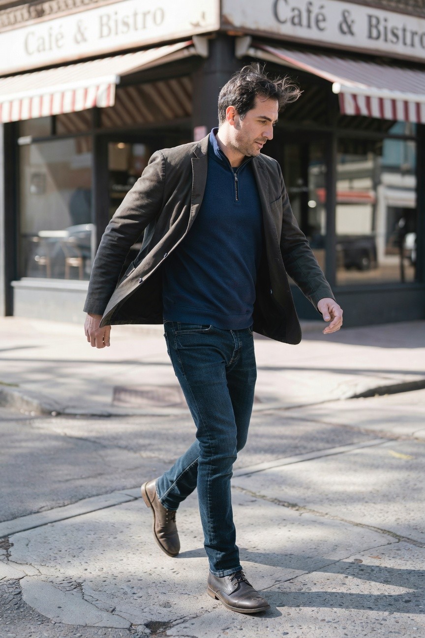 Side profile of man walking in navy quarter zip sweater under open charcoal blazer, slim dark blue jeans, and brown leather shoes on urban sidewalk