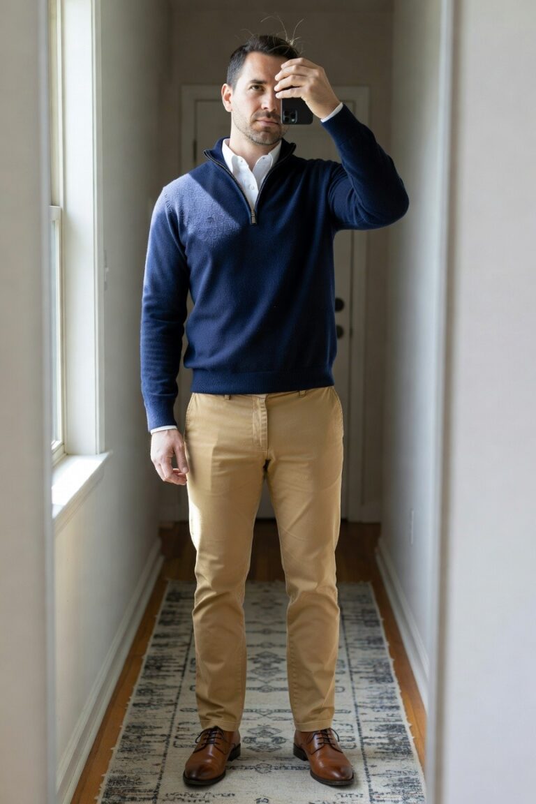 Man in navy blue quarter-zip sweater over white collared shirt, khaki chinos, and brown leather derbies, posing in a hallway mirror selfie