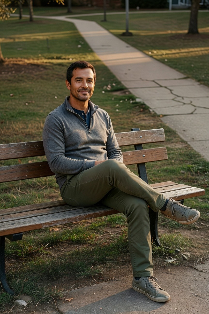 Man sitting on wooden bench wearing charcoal gray quarter-zip sweater layered over blue collared shirt, olive green chinos, and gray sneakers, one leg crossed casually