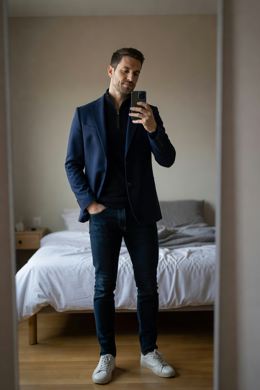 Man taking mirror selfie in navy blazer layered over black quarter zip sweater, dark slim jeans, white sneakers, hands in pockets, bedroom in background