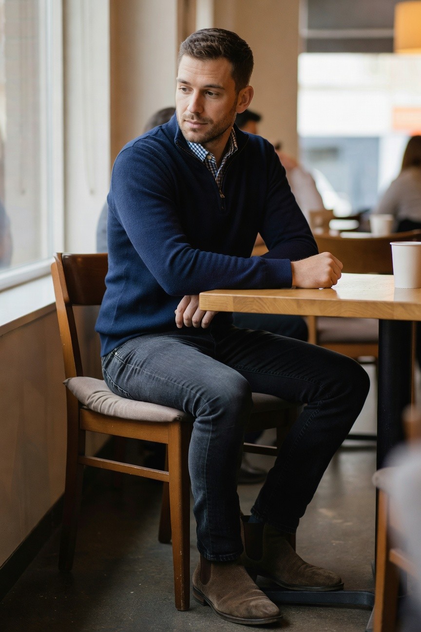Man in navy blue quarter zip sweater layered over blue checkered button-up shirt, paired with slim dark jeans and tan suede Chelsea boots, seated casually at a wooden table