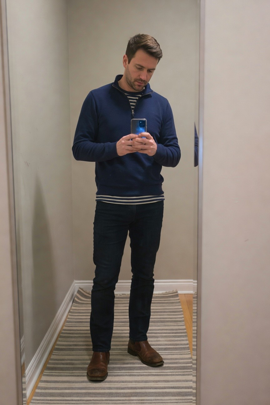 Man in navy quarter zip pullover sweater layered over white-striped shirt, slim dark jeans, and brown leather boots, full-length mirror selfie in beige room with striped rug