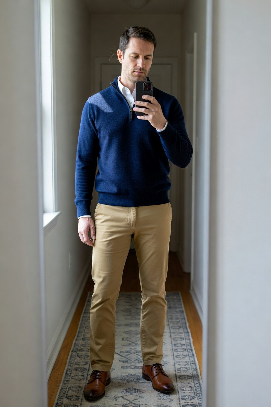 Man in navy blue quarter-zip sweater over white collared shirt, khaki chinos, and brown leather derbies, posing in a hallway mirror selfie