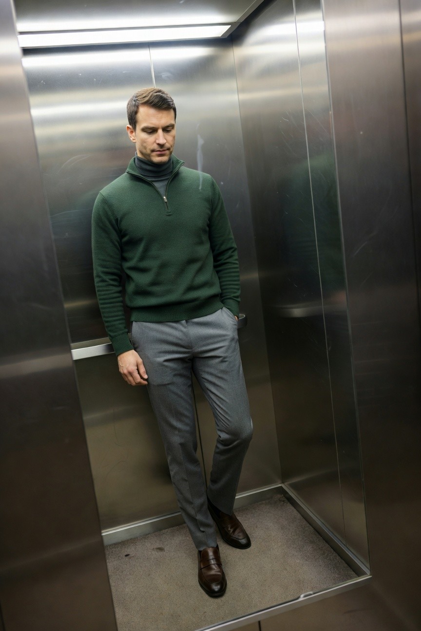 Man standing in elevator wearing green quarter zip sweater layered over black turtleneck, gray wool trousers, and brown leather loafers, hands in pockets for a polished casual look