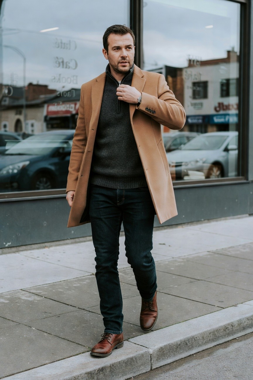 Man in open camel wool overcoat over charcoal quarter zip sweater, dark slim jeans, and brown leather boots, standing on urban sidewalk with hand adjusting collar