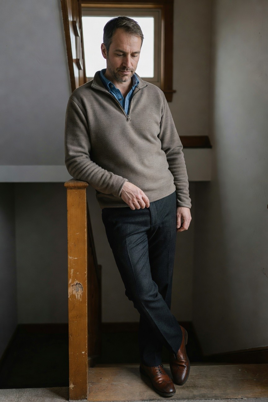 Man leaning against wooden banister wearing beige quarter-zip sweater over blue button-down shirt, charcoal trousers, and brown brogue shoes