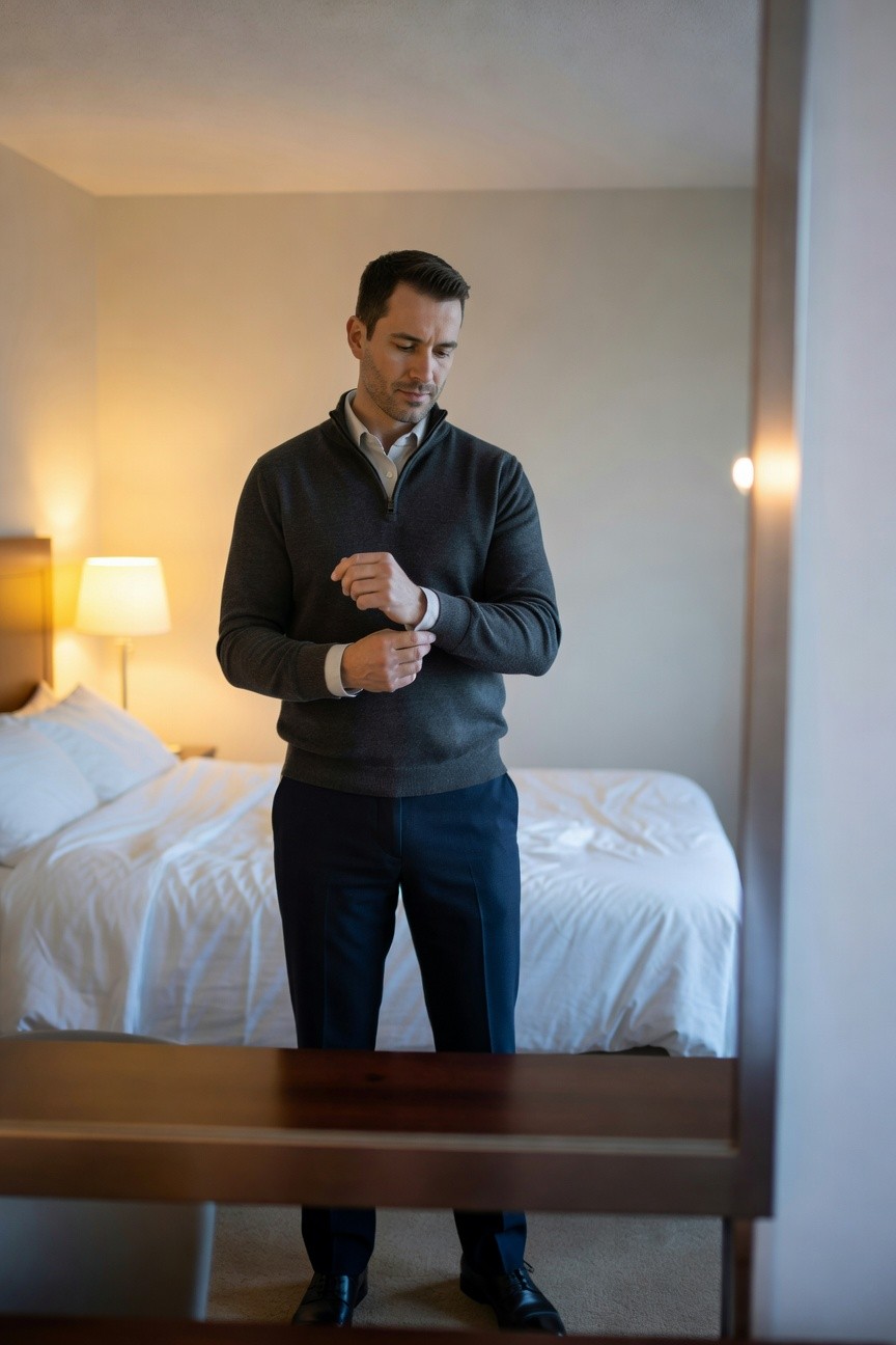 Man in gray quarter zip sweater over white collared shirt, navy trousers, and black dress shoes, adjusting cuffs in front of hotel mirror with bed in background