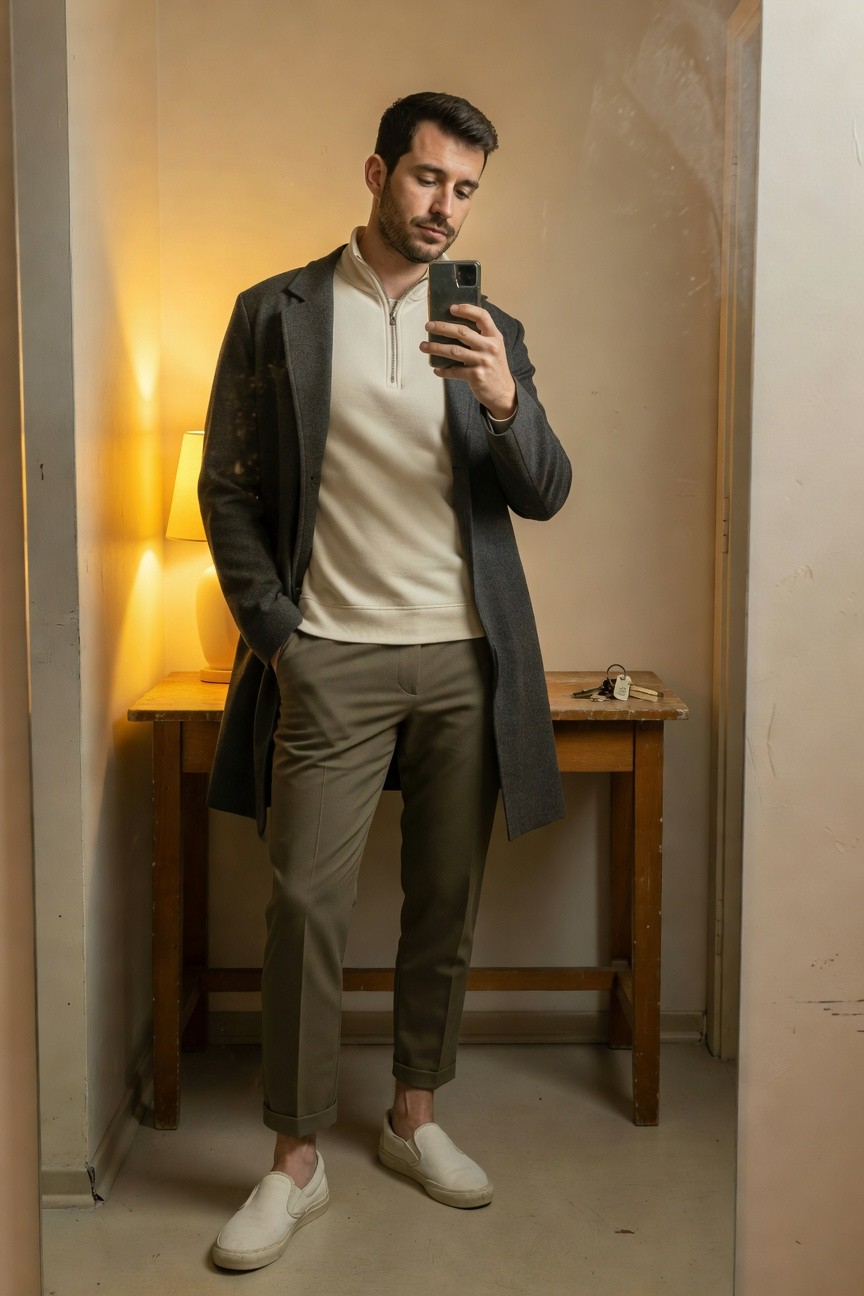 Man in cream quarter-zip sweater under open charcoal gray overcoat, olive cuffed trousers, white slip-on sneakers, selfie pose by wooden table with lamp and keys