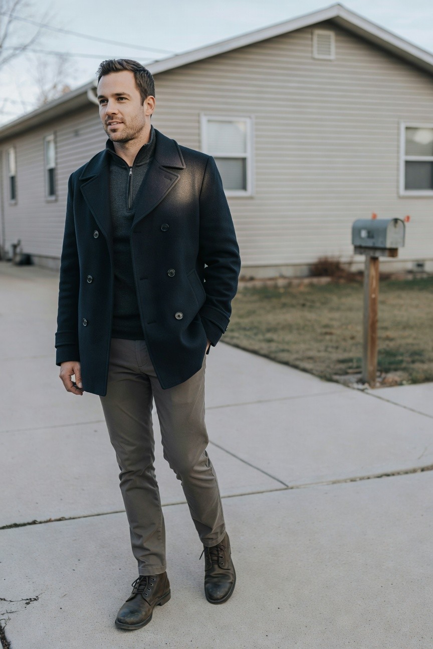 Man standing on driveway in navy double-breasted wool peacoat over charcoal quarter-zip sweater, gray wool trousers, and brown leather boots