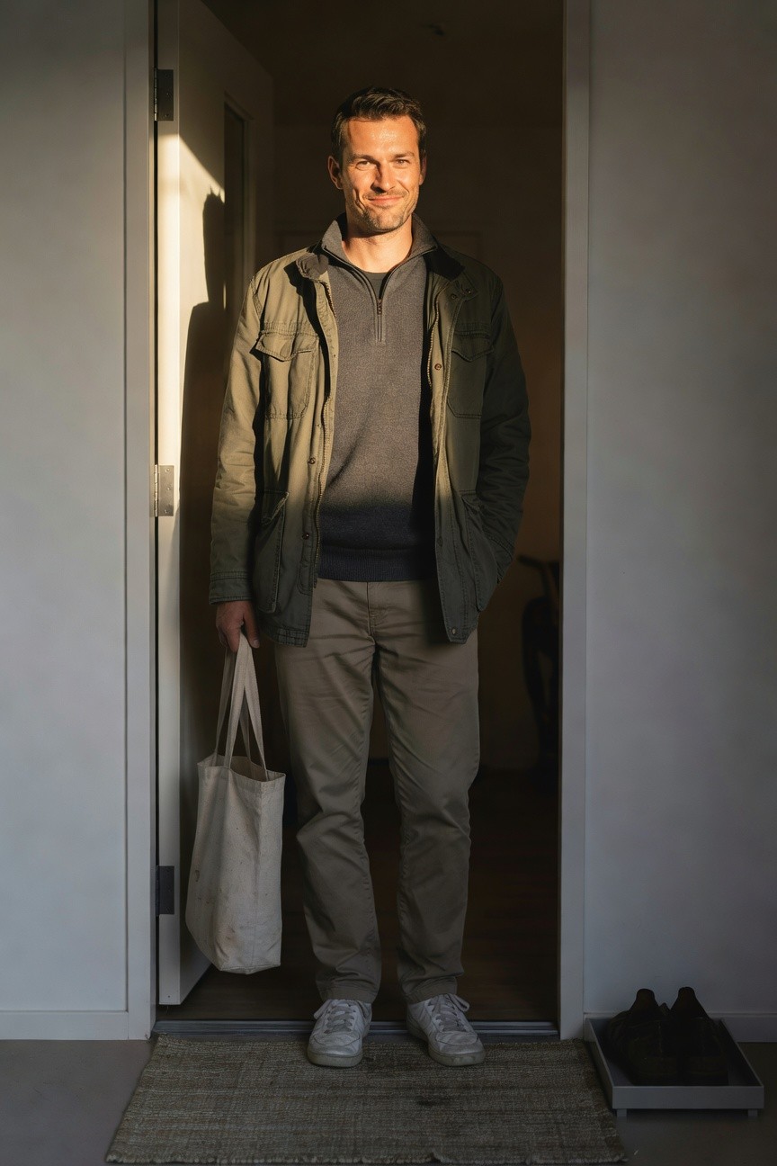 Man standing in open doorway wearing olive green field jacket over charcoal quarter zip sweater, beige chinos, white sneakers, and holding a beige canvas tote bag
