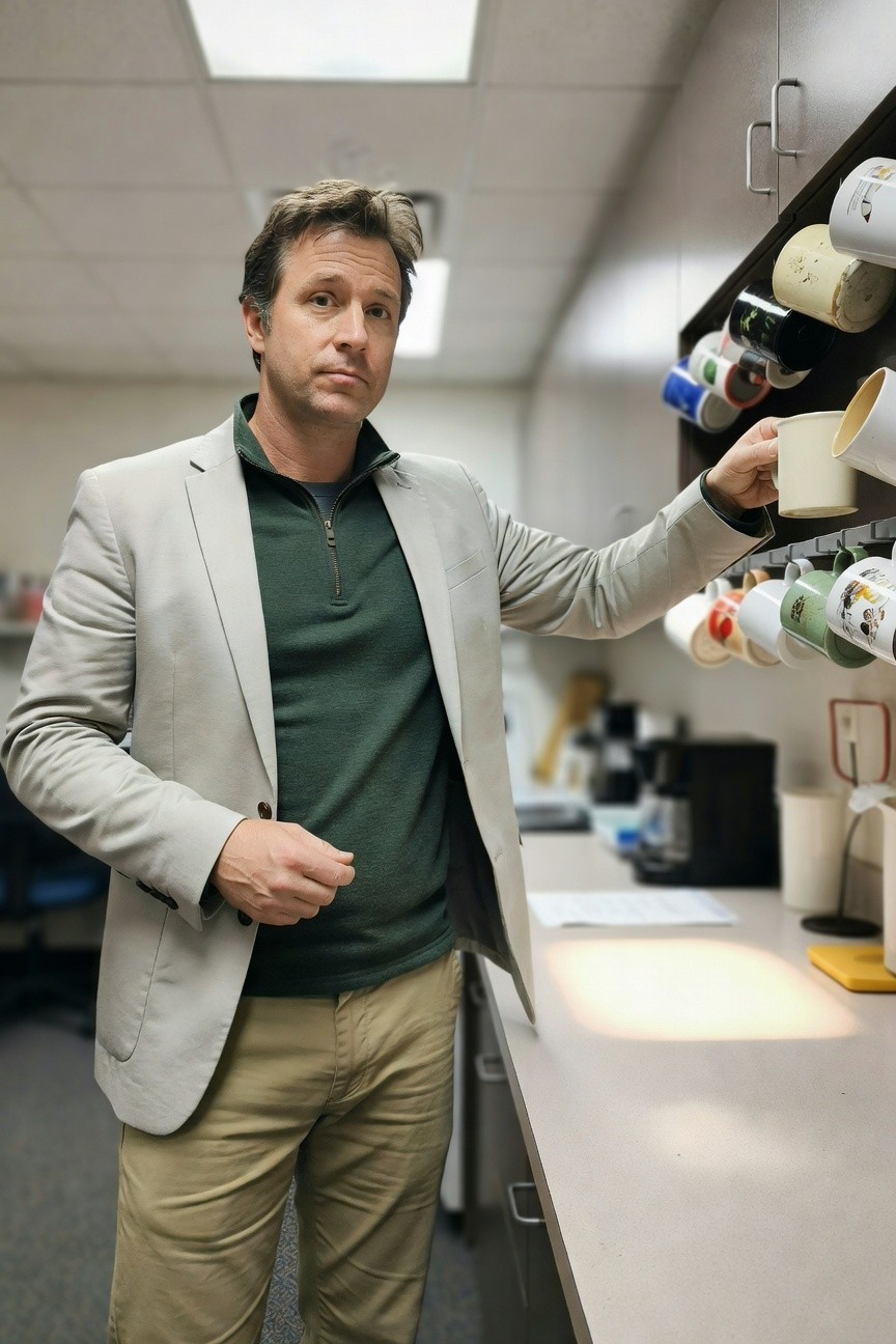 Man in light gray blazer over green quarter-zip pullover and khaki chinos stands in office kitchen reaching for white mug from wall rack