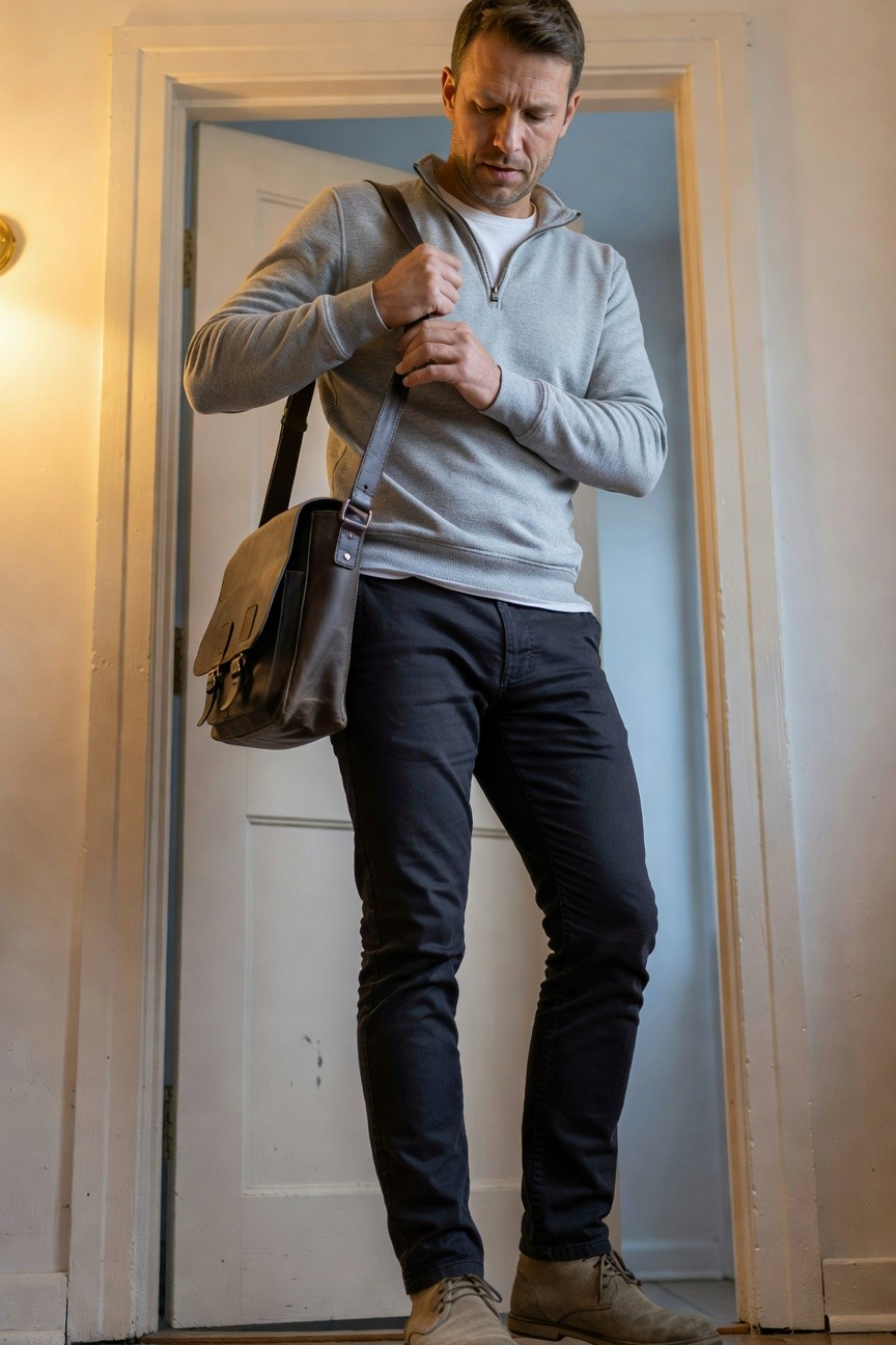 Man in grey quarter-zip sweater over white tee, navy chinos, tan suede boots, and brown leather shoulder bag, standing in doorway adjusting zipper