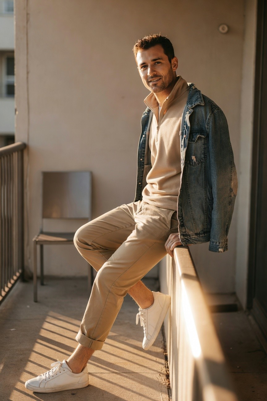 Man leaning against balcony rail in beige quarter zip pullover under open faded blue denim jacket, matching beige slim chinos cuffed at ankles, and white leather sneakers