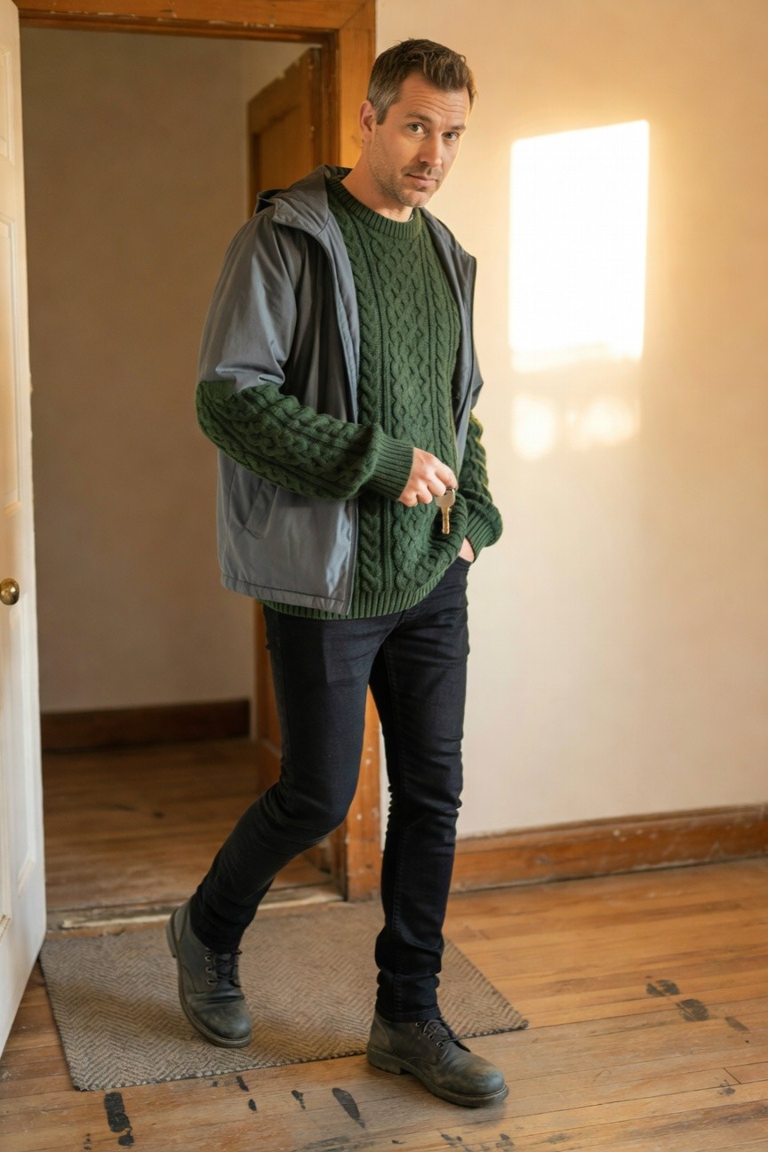 Man in green cable knit sweater under open grey parka jacket, black slim jeans, dark laced boots, holding keys, stepping through wooden door on grey mat