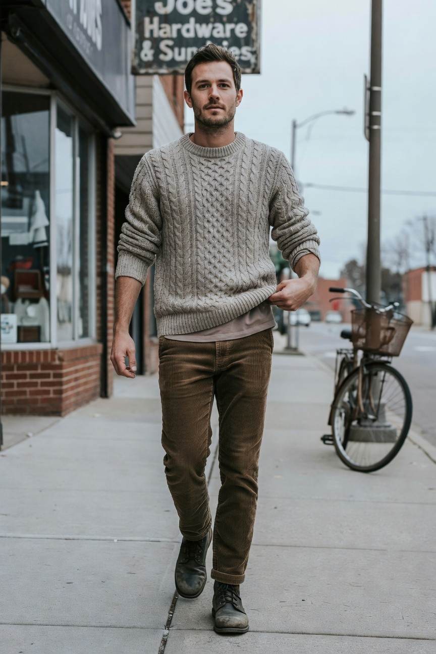 Man in light gray oversized cable-knit sweater over taupe t-shirt, brown corduroy pants, and black leather boots walking on urban sidewalk with hardware store sign and bicycle in background