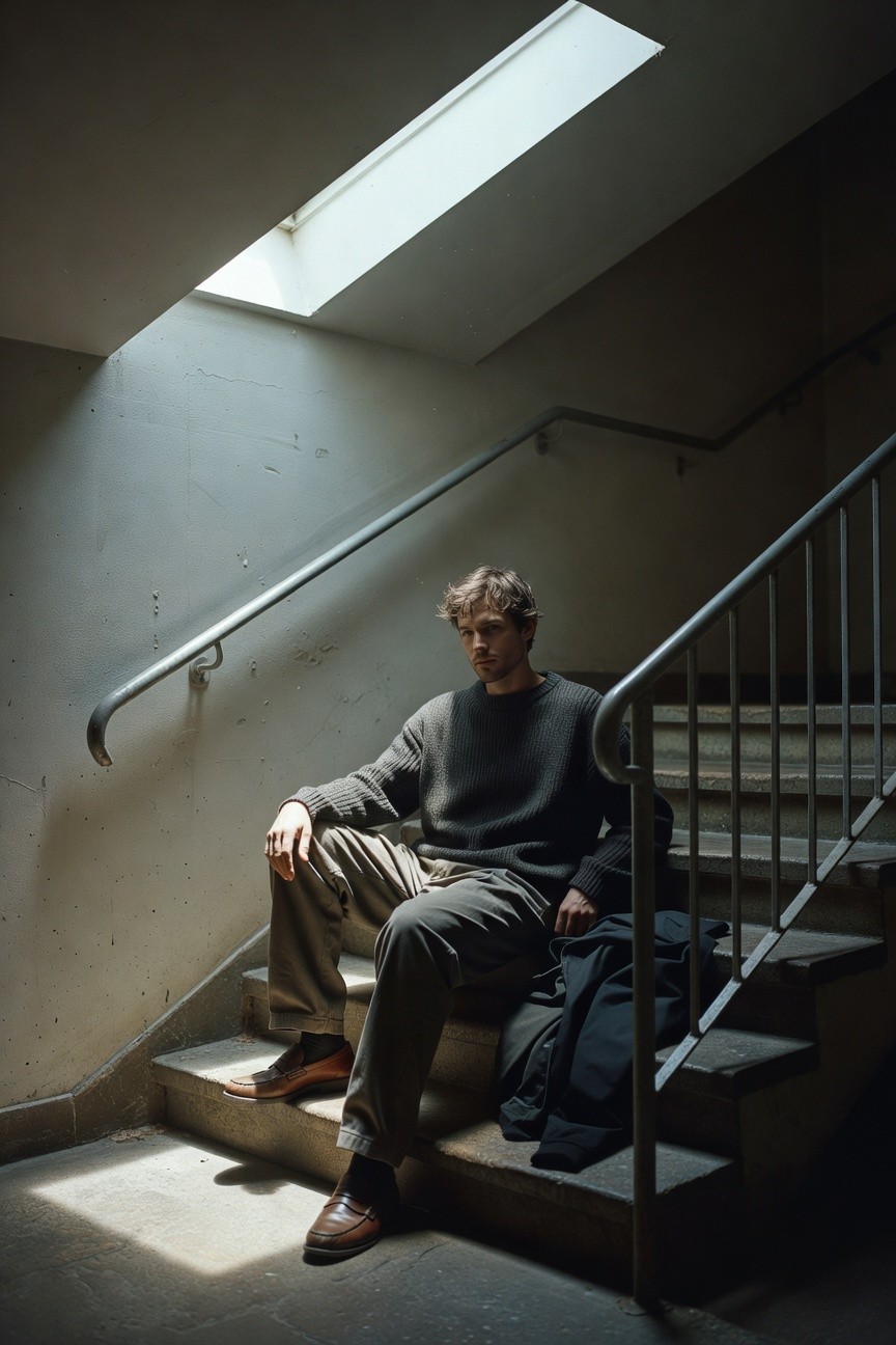 Man in oversized grey chunky knit crewneck sweater, matching grey relaxed trousers, brown leather loafers with socks, sitting on concrete stairs with black coat draped beside him