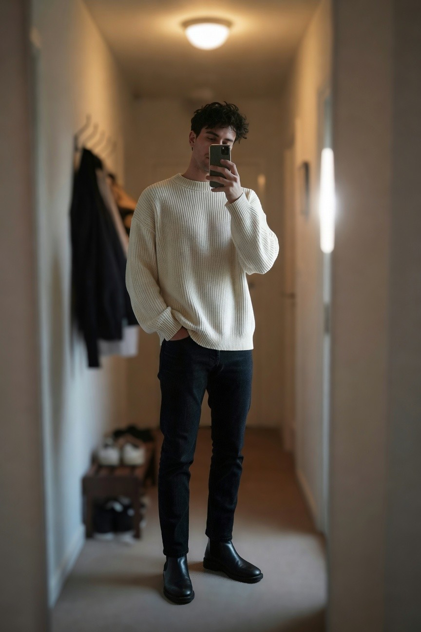 Man in a hallway mirror selfie wearing an oversized cream ribbed knit sweater, slim black jeans, and black Chelsea boots with hands in pockets