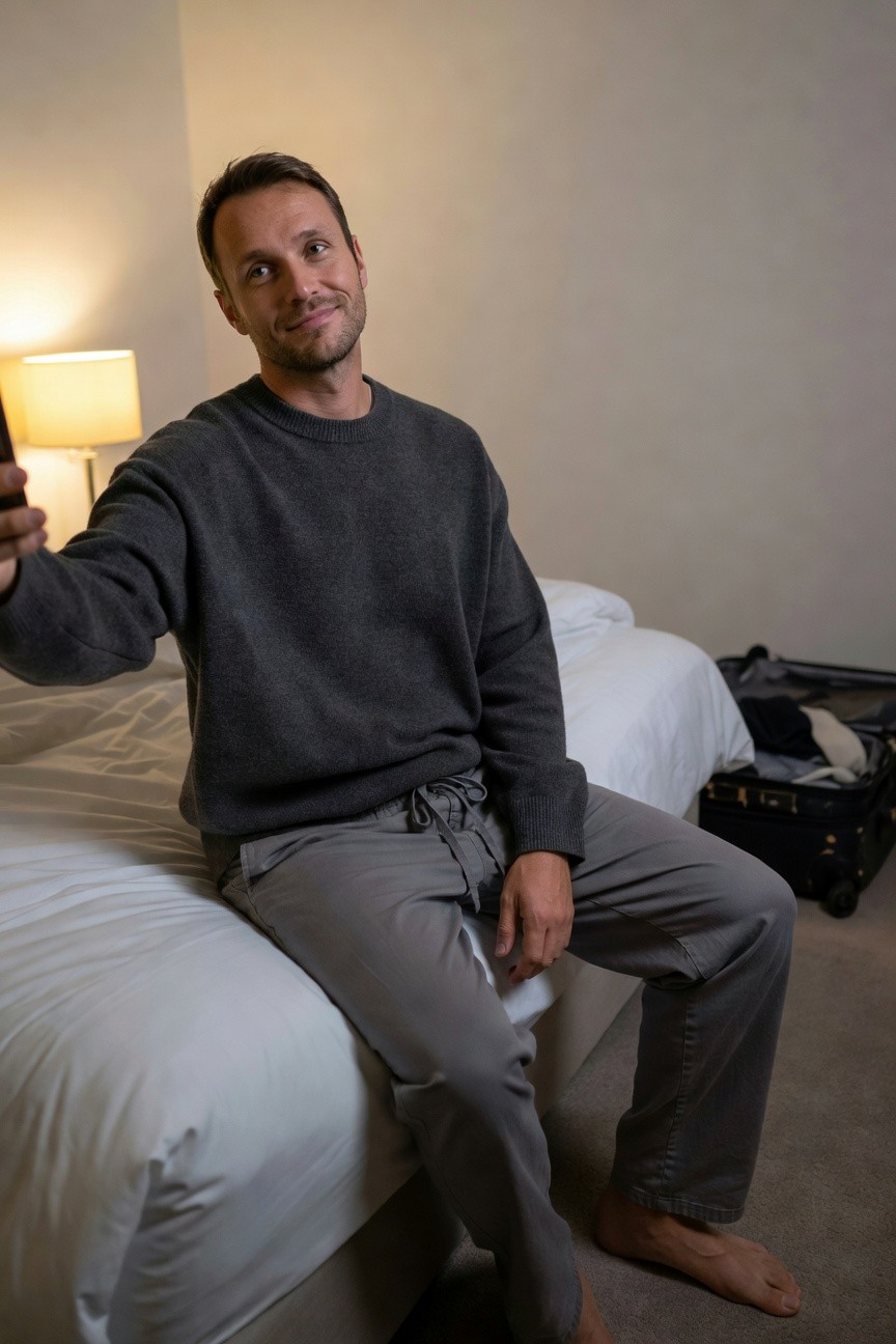 Man in oversized gray knit sweater and matching gray drawstring lounge pants sitting barefoot on white hotel bed with suitcase nearby, holding phone for selfie under bedside lamp light