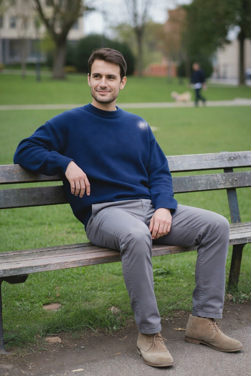 Man sitting casually on a wooden bench wearing an oversized navy blue knit sweater, grey trousers, and tan suede chukka boots, arm draped over the bench back in a relaxed pose