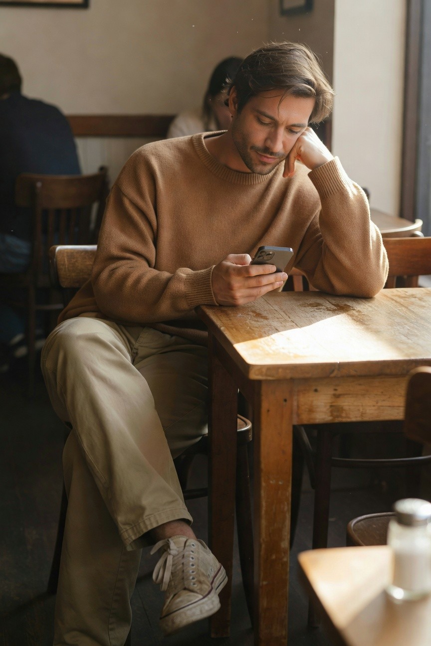 Man in oversized beige knit sweater, light khaki wide-leg pants, and white canvas sneakers, sitting and checking phone on wooden chair