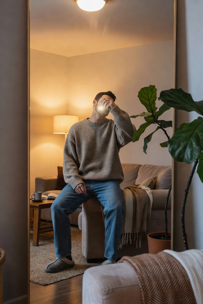 Mirror selfie of a man sitting on a beige couch arm wearing an oversized light beige knit crewneck sweater, blue straight-leg jeans rolled at ankles, and light gray fuzzy slippers, cozy living room reflection with plants and lamp in background