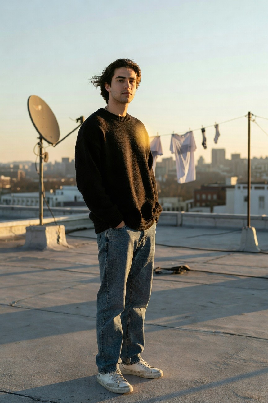 Young man in oversized black knit sweater, baggy faded blue jeans, white sneakers, and subtle necklace, standing casually on rooftop