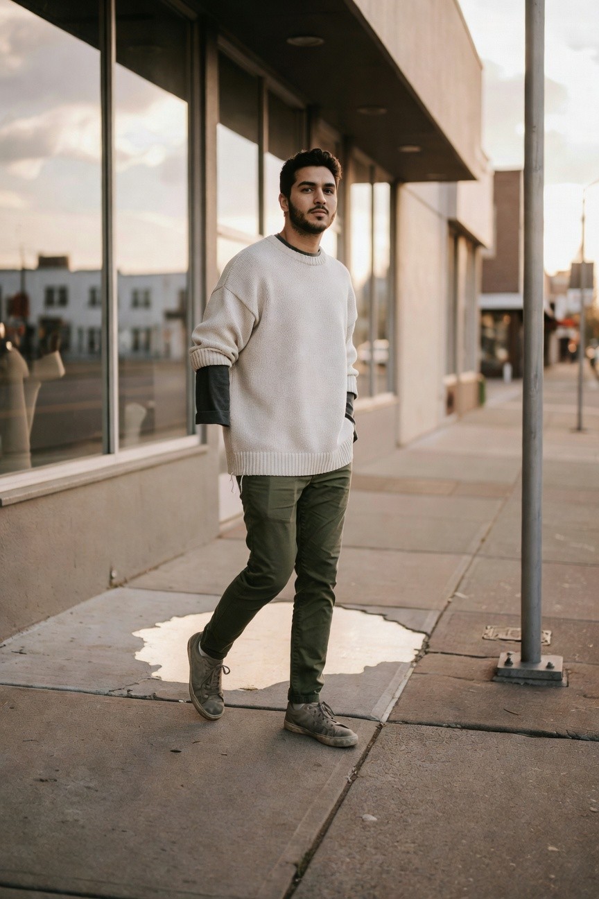 Man walking on sidewalk in oversized cream knit sweater with black sleeve cuffs, olive green cargo pants, and tan sneakers, relaxed urban style