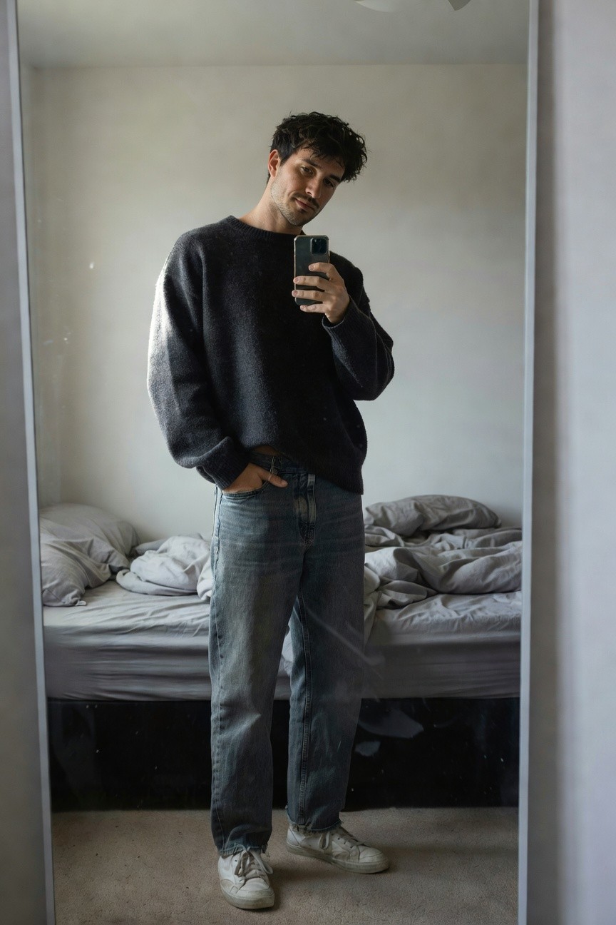 Man in oversized dark gray knit sweater, relaxed straight-leg blue jeans, and white low-top sneakers, taking a mirror selfie in a bedroom with hands in pockets