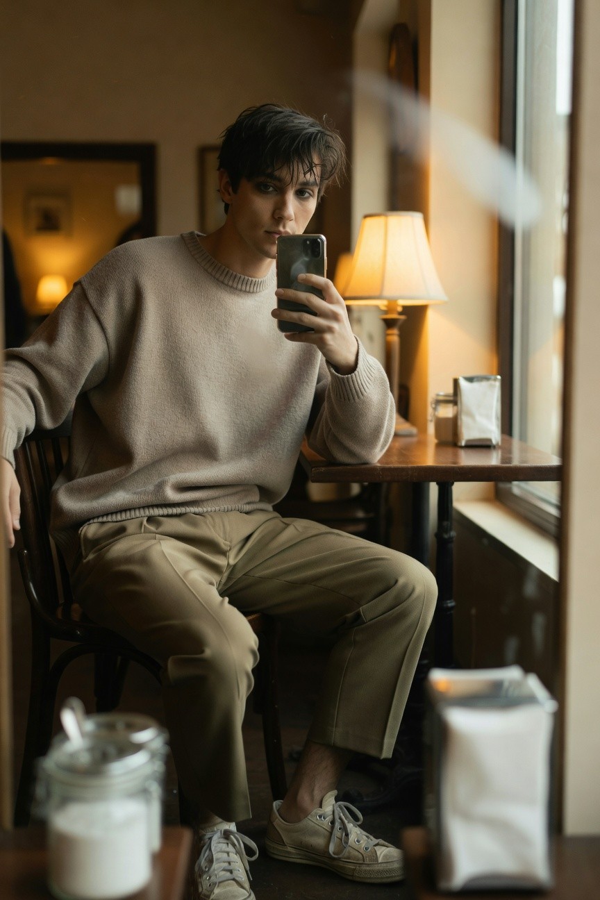 Oversized Knit Sweater Paired with Khaki Trousers