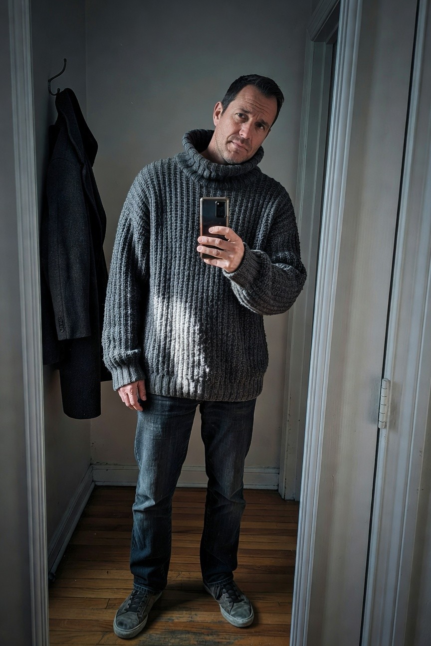 Man in oversized gray chunky knit turtleneck sweater, dark straight-leg jeans, and gray sneakers, taking a selfie in a doorway with coats hanging nearby