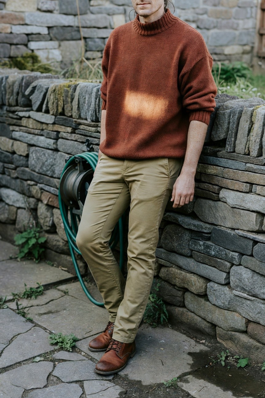 Man leaning against stone wall in oversized rust turtleneck sweater, khaki chinos, and brown leather boots, casual relaxed pose with green hose nearby
